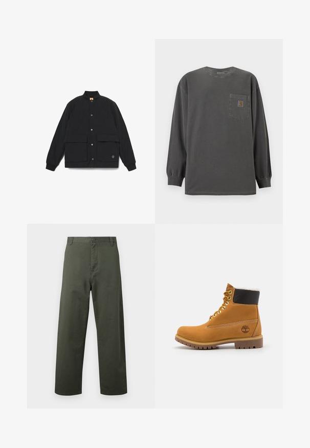 Sort quiltet jakke med ståkrave, to foranlommer, trykknaplukning og ribbede manchetter. Har et logo på kanten.; Mørkegrå langærmet rundhals-shirt med brystlomme med et lille Carhartt-logo på lommen.; Grønne bomuldsbukser med lige ben-design, frontknaplukning og sidelommer. Glat tekstur, enkelt stil, og ingen synlige mønstre.; Brune læder ankelstøvle med metaløjer, hvid pelsforing, sort polstret krave, robust sål og præget logo på siden.