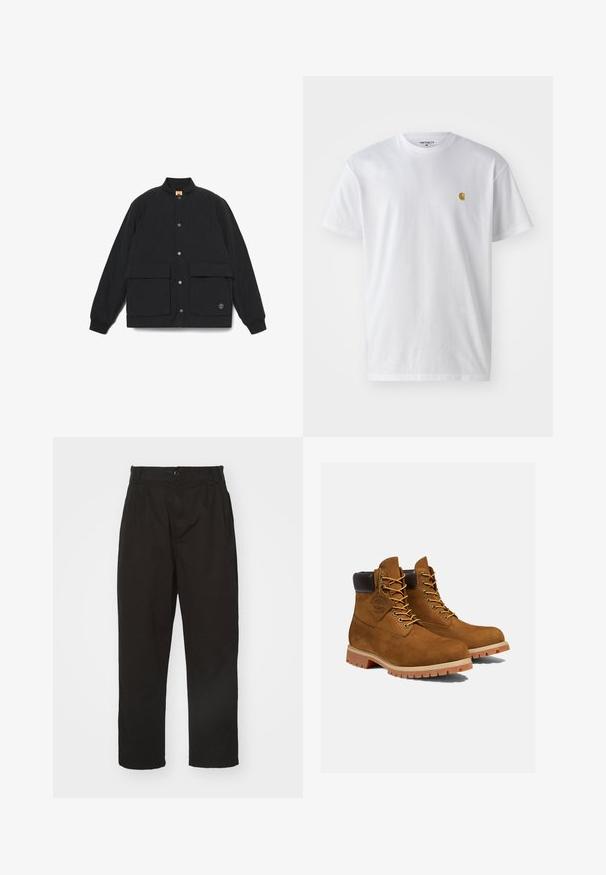 Schwarze gesteppte Jacke mit Stehkragen, zwei Fronttaschen, Druckknopfverschluss und gerippten Bündchen. Verfügt über ein Logo am Saum.; Weißes Baumwoll-T-Shirt mit kurzen Ärmeln, Rundhalsausschnitt, mit einem kleinen goldenen Logo im linken Brustbereich. Weicher Stoff und normale Passform.; Schwarze Hose aus glattem Stoff, mit Knopfverschluss, geradem Schnitt und zwei vorderen Falten für zusätzlichen Detail.; Braune Wildleder-Stiefeletten mit einem gepolsterten schwarzen Kragen, goldenen Ösen und einer dicken Gummisohle mit einem Rillenmuster für besseren Grip.