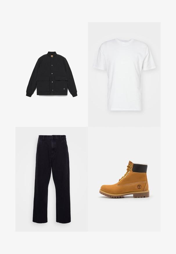 Sort quiltet jakke med ståkrave, to foranlommer, trykknaplukning og ribbede manchetter. Har et logo på kanten.; Hvid bomulds T-shirt med korte ærmer, rund halsudskæring og en glat tekstur. Enkel design uden mønstre eller grafik.; Sorte denimbukser med lige ben, der har en knap- og lynlåslukning, bæltestropper og minimale syninger.; Brune læder ankelstøvle med metaløjer, hvid pelsforing, sort polstret krave, robust sål og præget logo på siden.