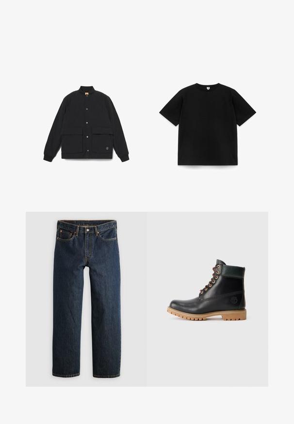 Sort quiltet jakke med ståkrave, to foranlommer, trykknaplukning og ribbede manchetter. Har et logo på kanten.; Plain sort kortærmet T-shirt med rund hals liggende fladt på en hvid baggrund, vist fra fronten uden synlige logoer eller designs.; Mørkeblå denimjeans med en lige ben-snit. Har fem lommer, kontrastsyning og knaplukning i taljen.; Sort læder ankelstøvle med brune snørebånd, polstret grøn krave og tan gummisål med dybe riller, set fra siden på hvid baggrund.