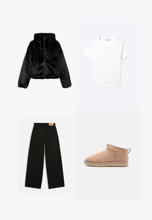 Zwart nep-bont cropped jack met capuchon, ritssluiting aan de voorkant en trekkoord. Voorzien van elastische manchetten en twee zijzakken. Zacht, gestructureerd materiaal.; Effen wit T-shirt met korte mouwen en ronde hals met een klein "WEEKDAY" label aan de binnenkant van de hals, plat neergelegd op een lichte achtergrond.; Zwarte jeans met wijde pijpen, van achteren gezien met twee achterzakken en een bruin leren merkpatch op de tailleband.; Tan suède enkellaars met een afgeronde neus, zachte textuur, eenvoudig ontwerp en een laag profiel rubberen zool. Voorzien van een trekhaak aan de achterkant.