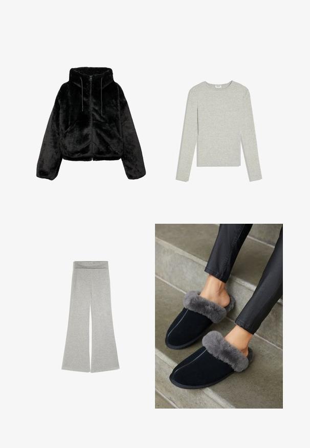 Zwart nep-bont cropped jack met capuchon, ritssluiting aan de voorkant en trekkoord. Voorzien van elastische manchetten en twee zijzakken. Zacht, gestructureerd materiaal.; Lichtgrijs shirt met lange mouwen en ronde hals, een slanke pasvorm en zonder zichtbare patronen of logo's, platliggend op een witte achtergrond.; Lichtgrijze wijde broek met een hoge tailleband, gemaakt van zacht, rekbaar materiaal, plat gelegd op een witte achtergrond.; Zwarte suède slippers met een grijze nepbont omslag, ronde neus en contrasterende stiksels. Zachte textuur en instapontwerp voor gemakkelijk aan- en uittrekken.