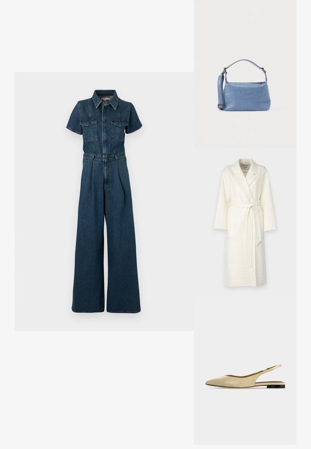 Manteau en laine blanche avec col châle, ceinture à nouer et poches latérales. Caractéristiques manches longues et finition texturée.; Good American FIT FOR SUCCESS PLEATED WIDE LEG - Combinaison - indigo; Chaussure plate beige à bout pointu avec bride arrière, petit talon noir et finition en cuir lisse, vue de côté sur un fond uni.; Sac à main bleu clair embossé façon crocodile avec une poignée courte et une bandoulière amovible. Texture lisse avec une fermeture éclair.