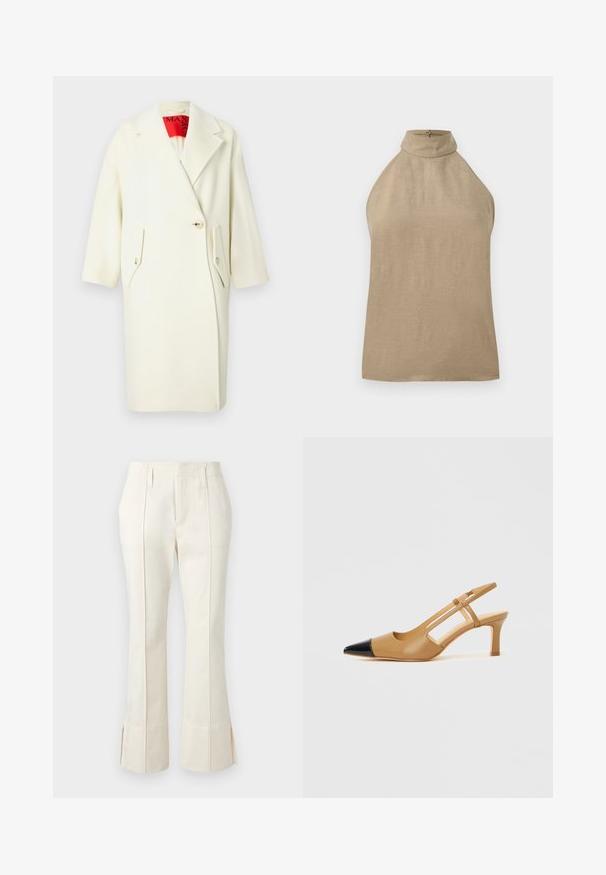 Manteau en mélange de laine couleur crème avec un large revers, une fermeture à un bouton et deux poches à rabat inclinées. Il présente des manches courtes et une étiquette intérieure rouge.; Haut beige sans manches avec col montant et fermeture par boutons au dos, confectionné en tissu léger.; Pantalon crème sur mesure avec plis sur le devant, passants de ceinture et fentes discrètes aux larges bas de jambes.; Escarpins slingback couleur fauve avec embout pointu noir, côtés découpés et talon bloc de hauteur moyenne. Matière en cuir lisse.