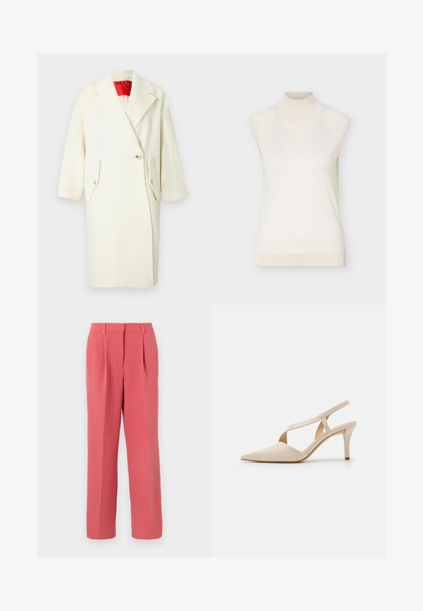 Manteau en mélange de laine couleur crème avec un large revers, une fermeture à un bouton et deux poches à rabat inclinées. Il présente des manches courtes et une étiquette intérieure rouge.; Pull sans manches à col roulé crème avec col et ourlet côtelés, présenté sur un fond clair uni.; Pantalon taille haute sur mesure couleur corail rose, avec plis sur le devant, passants pour ceinture, et jambes droites, sur un fond clair uni.; Talons slingback beiges avec un design à bout pointu. Fabriqués en matériau lisse, présentant un talon effilé et un détail de sangle croisée pour un maintien sécurisé.