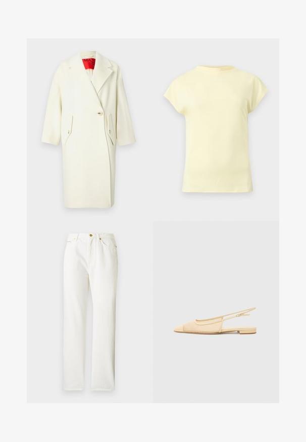 Manteau en mélange de laine couleur crème avec un large revers, une fermeture à un bouton et deux poches à rabat inclinées. Il présente des manches courtes et une étiquette intérieure rouge.; T-shirt jaune clair à manches courtes avec un col rond, présenté sur un fond gris clair neutre.; Pantalons en denim blanc avec une coupe droite, dotés d'une fermeture à bouton sur le devant et d'une texture subtile. Comprend des poches latérales et un matériel minimal.; Chaussure plate slingback en beige clair avec une tige en maille, un bout pointu et un petit talon. Dotée d'une sangle ajustable pour un bon maintien.