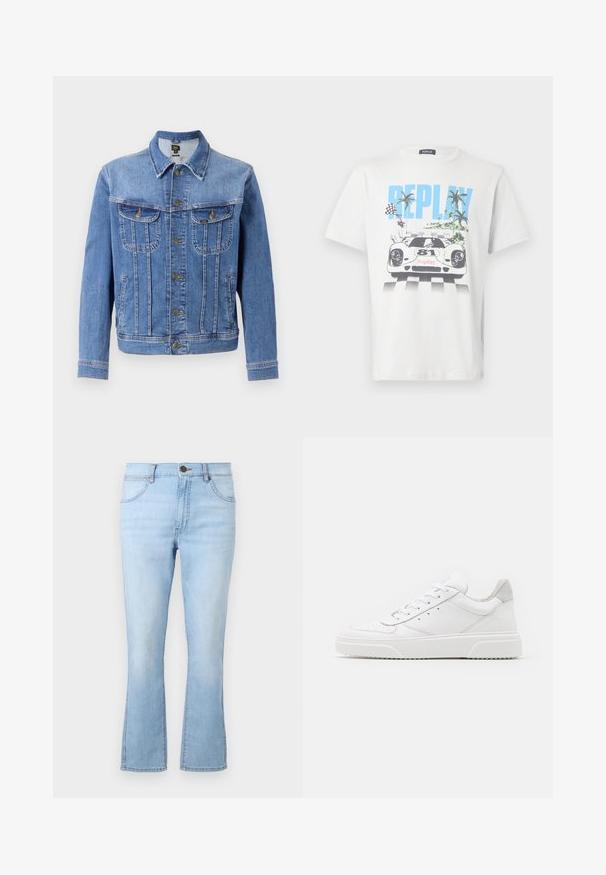 Hellblaues Denim-Jacke mit Knopfleiste, zwei Brusttaschen und zwei Seitentaschen. Verfügt über einen klassischen Kragen und ein gerades Schnittdesign.; Weißes Baumwoll-T-Shirt mit einem bunten Motiv eines Rennwagens, Palmen und Schachbrett-Flaggen, mit dem Schriftzug "REPLAY" gut sichtbar.; Helle blaue Schlagjeans aus Denim mit fünf Taschen, einem Knopf- und Reißverschluss, sowie kontrastierenden Nähten. Sie sind mit einer leicht verwaschenen Optik versehen.; Weiße Leder-Sneaker mit glatter Oberfläche, rundem Zehenbereich, flachen Schnürsenkeln und strukturiertem Schuhsohlen. Graues Wildleder-Detail an der Ferse.