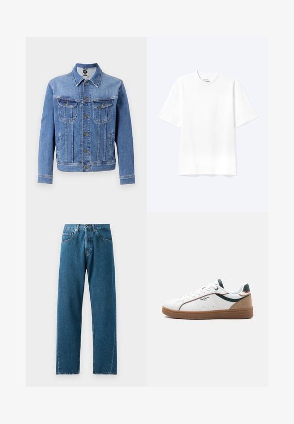 Hellblaues Denim-Jacke mit Knopfleiste, zwei Brusttaschen und zwei Seitentaschen. Verfügt über einen klassischen Kragen und ein gerades Schnittdesign.; Schlichtes weißes T-Shirt mit kurzen Ärmeln und Rundhalsausschnitt in entspannter Passform, auf hellem Hintergrund dargestellt.; Blaue Denim-Jeans mit geradem Bein, fünf Taschen und Gürtelschlaufen. Der Stoff hat eine feine Textur und ausgebleichte Stellen an den Taschen.; Weißer Sneaker mit niedriger Schafthöhe, brauner Sohle, grünen und beigen Akzenten, weißen Schnürsenkeln und dem Logo "Pepe Jeans London" an der Seite.