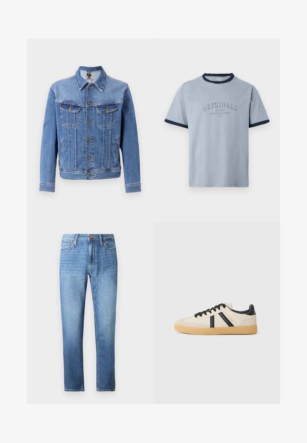 Chaqueta de mezclilla azul claro con cierre de botones, dos bolsillos en el pecho y dos bolsillos laterales. Presenta un cuello clásico y un diseño de corte recto.; Camiseta de algodón azul claro con cuello y mangas de canalé azul marino. Presenta texto en relieve "ORIGINALS" y "CONTEMPORARY AESTHETICS" en un diseño sutil.; Vaqueros de mezclilla azul claro con un corte recto, diseño de cinco bolsillos y una cintura con cierre de botón y cremallera. Textura suave.; Zapatillas casuales en crema con rayas negras, con parte superior texturizada y suela de goma. Los cordones son negros. Logo sutil en el costado.