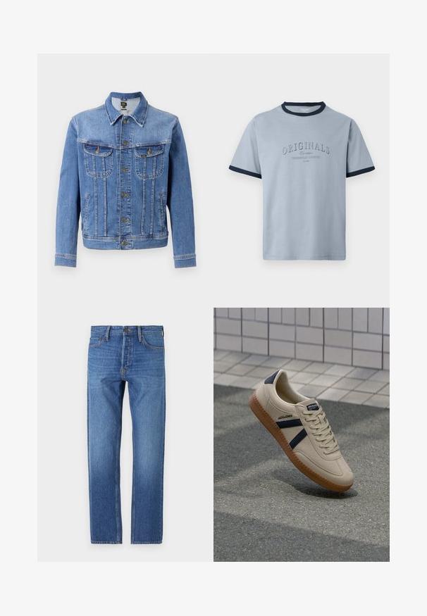 Veste en denim bleu clair avec fermeture à boutons, deux poches poitrine et deux poches latérales. Présente un col classique et une coupe droite.; T-shirt en coton bleu clair avec col et manches côtelés bleu marine. Présente un texte en relief "ORIGINALS" et "CONTEMPORARY AESTHETICS" dans un design subtil.; Jean en denim bleu avec une coupe droite, design classique à cinq poches, coutures en cuivre et un délavage pour un look usé.; Baskets beiges avec une finition texturée, bandes navy et semelle en caoutchouc. Équipées d'une languette rembourrée et d'un système de laçage traditionnel pour un maintien sécurisé.