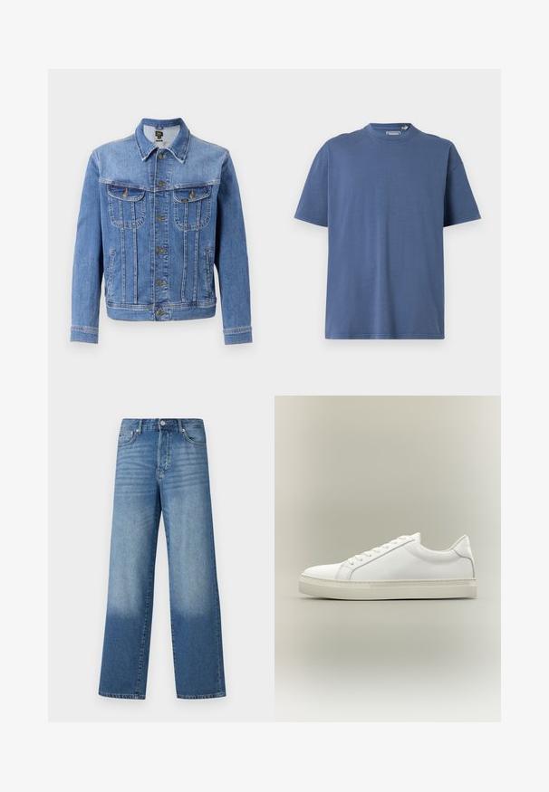 Veste en denim bleu clair avec fermeture à boutons, deux poches poitrine et deux poches latérales. Présente un col classique et une coupe droite.; T-shirt bleu à manches courtes en coton doux, avec un col rond et une coupe décontractée, dotée de détails de couture minimaux.; Jean droit taille haute bleu avec des dégradés au niveau des cuisses et une teinte plus foncée près des ourlets, avec un bouton avant et des poches visibles.; Baskets blanches basses à lacets sur l’avant et semelle épaisse, vues de côté sur un fond neutre.