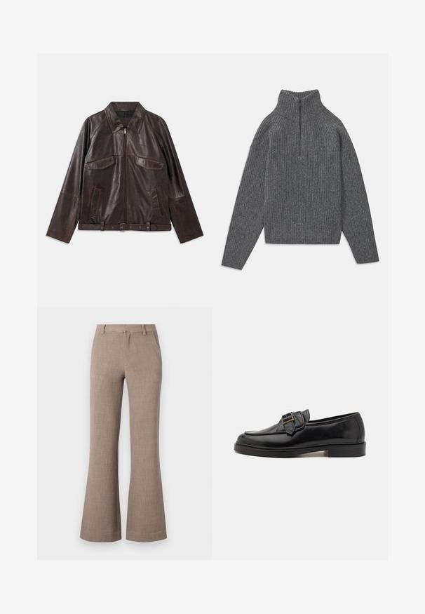 Veste en cuir brun foncé avec fermeture éclair sur le devant, deux poches à rabat sur la poitrine, deux poches latérales, col, manches longues et ceinture réglable à la taille.; Pull en maille côtelée gris charbon avec des manches longues et un col montant zippé à quart, posé à plat sur un fond blanc.; Pantalons évasés beiges en tissu texturé, avec fermeture éclair et poches latérales pour plus de fonctionnalité. Design ajusté.; Mocassins en cuir noir avec un bout arrondi et une boucle décorative. Talon plat, solide et texture lisse sur l'ensemble.