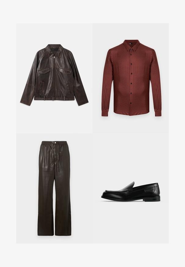 Chaqueta de cuero marrón oscuro con cremallera frontal, dos bolsillos de solapa en el pecho, dos bolsillos laterales, cuello, mangas largas y cinturilla ajustable.; Camisa de botones burdeos con un tejido texturizado, que presenta un patrón de lunares en color crema. Mangas largas y un diseño de cuello tradicional.; Pantalones de imitación cuero marrón oscuro con cintura elástica, cierre frontal de botón y piernas rectas anchas.; Mocasín negro de cuero tipo slip-on con tacón bajo, punta redondeada y costura decorativa a lo largo del borde superior.