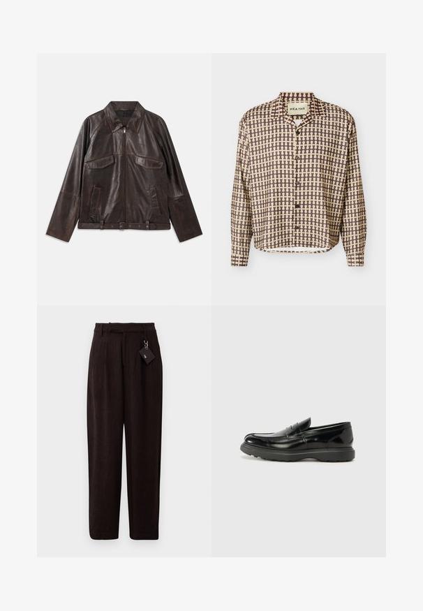 Chaqueta de cuero marrón oscuro con cremallera frontal, dos bolsillos de solapa en el pecho, dos bolsillos laterales, cuello, mangas largas y cinturilla ajustable.; Camisa de manga larga con botones, con patrón de cuadrícula abstracta en marrón y beige, y cuello abierto, mostrada sobre un fondo blanco.; Pantalones de color marrón oscuro, texturizados y de corte holgado, con cintura con cinturón y una etiqueta adjunta mediante un lazo metálico. Frontal plano y piernas rectas.; Mocasín de cuero negro con un acabado brillante, punta redondeada, detalles de costura sutiles y una suela de goma gruesa para mayor durabilidad.