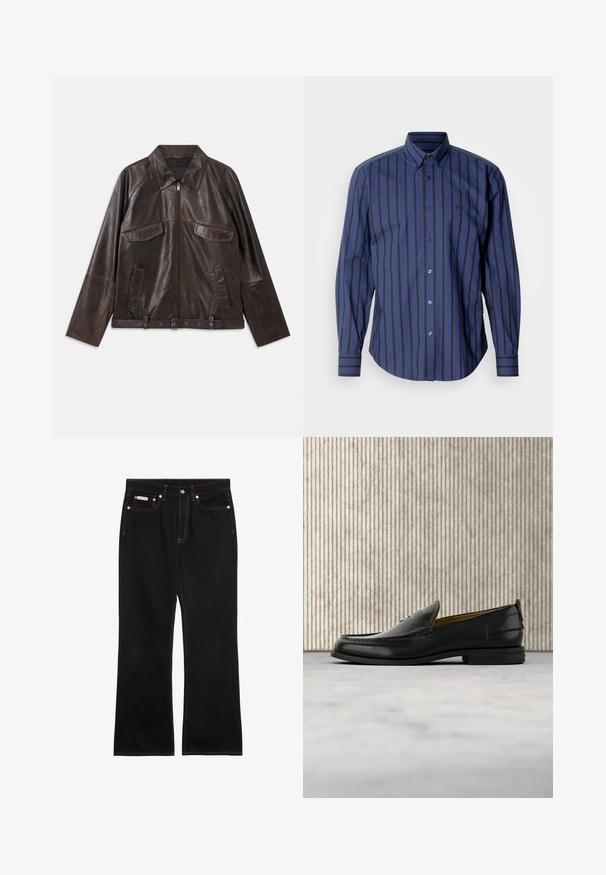 Chaqueta de cuero marrón oscuro con cremallera frontal, dos bolsillos de solapa en el pecho, dos bolsillos laterales, cuello, mangas largas y cinturilla ajustable.; Camisa azul marino de manga larga con rayas verticales, cuello abotonado y logo sutil. Presenta un dobladillo curvado y detalles con botones.; Vaqueros negros de pierna recta con costuras naranjas, cinco bolsillos, cierre de botón y una pequeña etiqueta Calvin Klein en el bolsillo delantero derecho.; Mocasín de cuero negro para hombre con empeine grabado en relieve de cocodrilo y tacón bajo, mostrado de perfil sobre un fondo neutro.