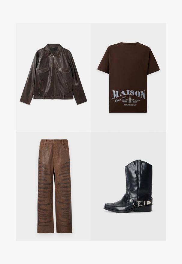 Chaqueta de cuero marrón oscuro con cremallera frontal, dos bolsillos de solapa en el pecho, dos bolsillos laterales, cuello, mangas largas y cinturilla ajustable.; Camiseta marrón de manga corta con gran texto azul claro "MAISON 6" y texto más pequeño "Ready Worn Margiela Est 1997" en la parte inferior delantera.; Pantalones de cuero sintético marrón con un acabado texturizado, que presentan cortes horizontales alargados a lo largo de los costados y un diseño de pierna recta.; Bota de vaquero de cuero negro con punta afilada, caña alta, costuras decorativas y herrajes de hebilla plateada en la correa. Acabado texturizado.