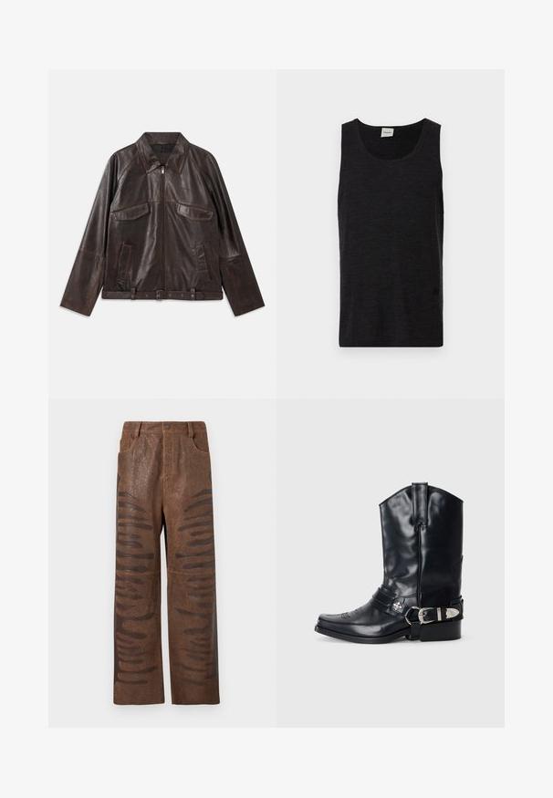 Chaqueta de cuero marrón oscuro con cremallera frontal, dos bolsillos de solapa en el pecho, dos bolsillos laterales, cuello, mangas largas y cinturilla ajustable.; Camiseta sin mangas negra hecha de material texturizado. Presenta un cuello redondo y un sutil logo cerca del dobladillo. Diseño simple.; Pantalones de cuero sintético marrón con un acabado texturizado, que presentan cortes horizontales alargados a lo largo de los costados y un diseño de pierna recta.; Bota de vaquero de cuero negro con punta afilada, caña alta, costuras decorativas y herrajes de hebilla plateada en la correa. Acabado texturizado.
