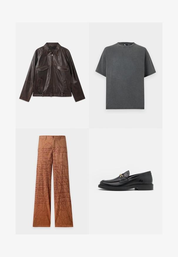 Chaqueta de cuero marrón oscuro con cremallera frontal, dos bolsillos de solapa en el pecho, dos bolsillos laterales, cuello, mangas largas y cinturilla ajustable.; Camiseta de manga corta de cuello redondo de color gris oscuro con un ajuste holgado, mostrada sobre un fondo blanco liso.; Pantalones marrones de pierna recta con un patrón de garabatos y texto manuscrito en rojo oscuro por toda la tela.; Mocasines de cuero negro con punta redondeada, que cuentan con un detalle de herrajes dorados y costuras, situados sobre una suela de goma texturizada y baja.
