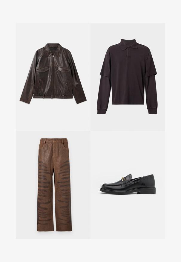 Veste en cuir brun foncé avec fermeture éclair sur le devant, deux poches à rabat sur la poitrine, deux poches latérales, col, manches longues et ceinture réglable à la taille.; Polo noir à manches longues avec un détail à manches courtes superposées et un col boutonné sur un fond uni.; Pantalons en simili cuir marron avec une finition texturée, dotés de découpes horizontales allongées le long des côtés et d'un design à jambes droites.; Mocassins en cuir noir avec un embout rond, présentant des accents en métal doré et des détails de couture, montés sur une semelle en caoutchouc texturé et basse.