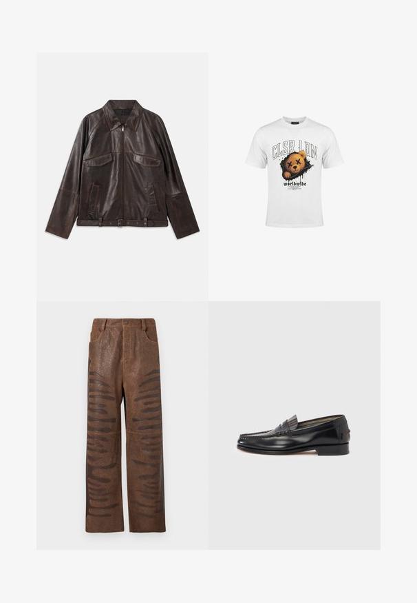 Chaqueta de cuero marrón oscuro con cremallera frontal, dos bolsillos de solapa en el pecho, dos bolsillos laterales, cuello, mangas largas y cinturilla ajustable.; Camiseta blanca con gráfico de la cara de un oso de peluche con los ojos tachados y texto que dice "CLSR LDN" y "worldwide" debajo.; Pantalones de cuero sintético marrón con un acabado texturizado, que presentan cortes horizontales alargados a lo largo de los costados y un diseño de pierna recta.; Mocasines de cuero negro con diseño estilo mocasín, con una banda decorativa y detalles de costura en la parte superior. Tacón bajo y cuadrado.