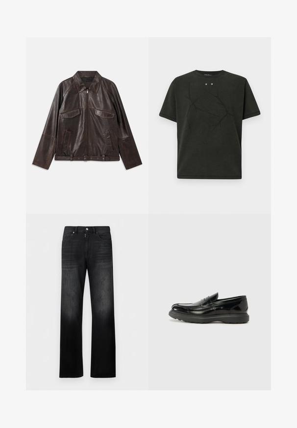 Chaqueta de cuero marrón oscuro con cremallera frontal, dos bolsillos de solapa en el pecho, dos bolsillos laterales, cuello, mangas largas y cinturilla ajustable.; Camiseta negra de manga corta hecha de algodón, con un sutil estampado de ramas, cuello redondo y dos broches metálicos en la parte frontal.; Vaqueros negros de pierna recta con cierre frontal de botón y cremallera, dos bolsillos delanteros y trabillas para cinturón.; Mocasín de cuero negro con un acabado brillante, punta redondeada, detalles de costura sutiles y una suela de goma gruesa para mayor durabilidad.