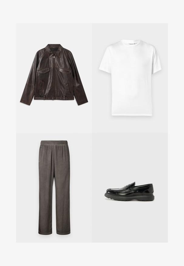 Chaqueta de cuero marrón oscuro con cremallera frontal, dos bolsillos de solapa en el pecho, dos bolsillos laterales, cuello, mangas largas y cinturilla ajustable.; Camiseta blanca de algodón con cuello redondo clásico, mangas cortas y dobladillo recto. Textura suave, sin estampados ni detalles.; Pantalones de ante gris oscuro, holgados, con cintura elástica y bolsillos laterales, mostrados planos sobre un fondo blanco.; Mocasín de cuero negro con un acabado brillante, punta redondeada, detalles de costura sutiles y una suela de goma gruesa para mayor durabilidad.