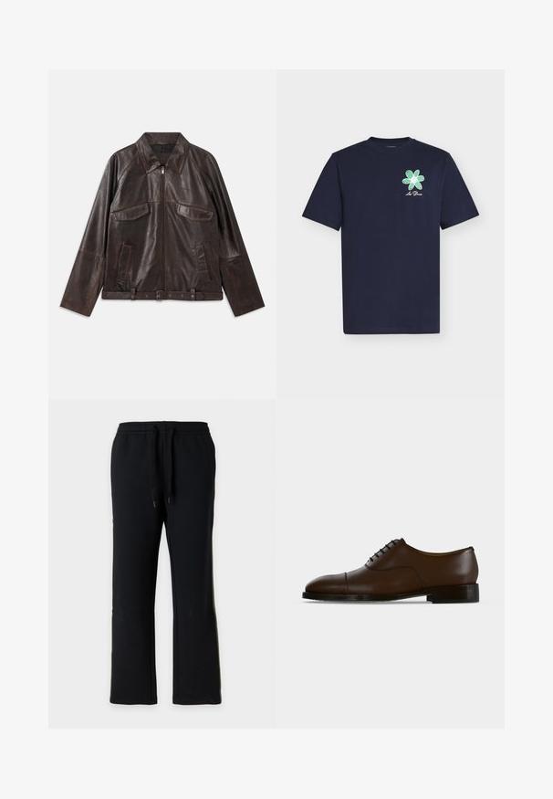 Chaqueta de cuero marrón oscuro con cremallera frontal, dos bolsillos de solapa en el pecho, dos bolsillos laterales, cuello, mangas largas y cinturilla ajustable.; Camiseta azul marino de manga corta con un estampado de una flor verde y blanca y el texto "Les Deux" en el pecho izquierdo.; Pantalones deportivos negros de pierna recta con cintura elástica y cordones negros, mostrados sobre un fondo liso gris claro.; Zapato de vestir de cuero marrón oscuro con puntera reforzada, cordones cerrados y tacón bajo negro mostrado de lado sobre un fondo liso.