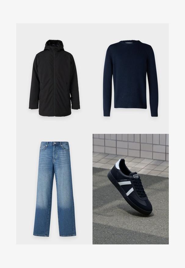 Chaqueta negra con capucha, con un cierre frontal, dos bolsillos laterales con cremallera y una textura de tela suave y mate. Presenta un interior forrado.; Selected SLMCODY LS KNIT CREW NECK NOOS - Jersey de punto - sky captain; Vaqueros de tiro alto y pierna recta en azul, con decoloración en los muslos y sombras más oscuras cerca de los dobladillos, con botón frontal y bolsillos visibles.; Zapatilla de cuero negra con rayas blancas, suela de goma texturizada y parte frontal con cordones. Cuenta con una etiqueta de marca en la lengüeta.