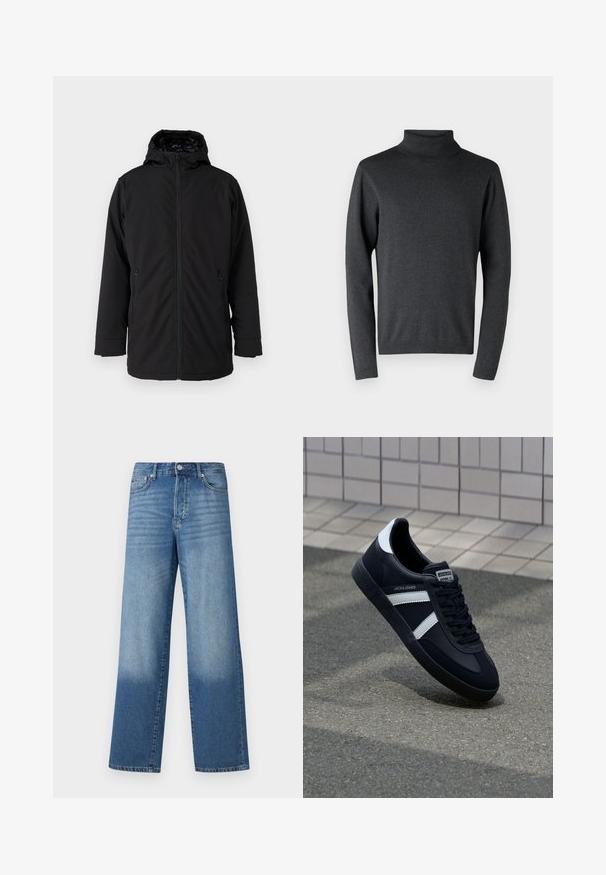 Schwarze Kapuzenjacke mit einem Reißverschluss auf der Vorderseite, zwei seitlichen Reißverschlusstaschen und einer glatten, matten Stoffoberfläche. Besitzt ein gefüttertes Innenfutter.; Dunkelgrauer Rollkragenpullover aus weichem Material, mit langen Ärmeln sowie gerippten Bündchen und Saum, mit einer glatten, gleichmäßigen Textur.; Blaue hochgeschnittene Straight-Leg-Jeans mit Ausbleichungen an den Oberschenkeln und dunklerem Schatten nahe den Säumen, sichtbare vordere Knöpfe und Taschen.; Schwarze Leder-Sneaker mit weißen Streifen, strukturiertem Gummisohle und Schnürung. Verfügt über ein Markenetikett auf der Zunge.
