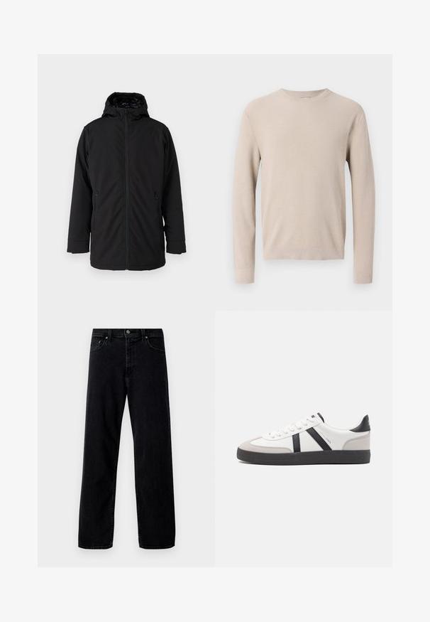 Chaqueta negra con capucha, con un cierre frontal, dos bolsillos laterales con cremallera y una textura de tela suave y mate. Presenta un interior forrado.; Jersey beige de manga larga con cuello redondo, puños y dobladillo acanalados, con un patrón de punto texturizado.; Hollister Co. Vaqueros baggy - washed black; Zapatilla blanca con acentos en negro y gris, que presenta una puntera texturizada en gris, suela de goma negra y cordones planos blancos. Diseño limpio, estilo minimalista.
