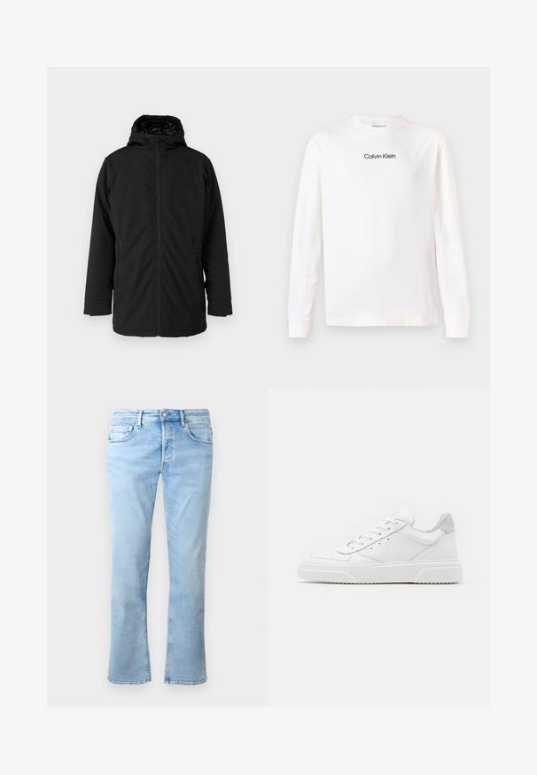 Sort hættetrøje med en frontrender, to lynlåslommer på siderne og en glat, mat stofoverflade. Har et foret indre.; Hvid langærmet t-shirt med rund hals, hvor "Calvin Klein" logoet er trykt i sort centreret på brystet.; Lyseblå denimjeans har en lige ben-design, fem lomme-styling og en knaplukning. Stoffet har en glat tekstur med falmede accenter.; Hvide lædersneakers med en glat finish, rund tå, flade snørebånd og en struktureret sål. Grå ruskindsdetalje ved hælen.