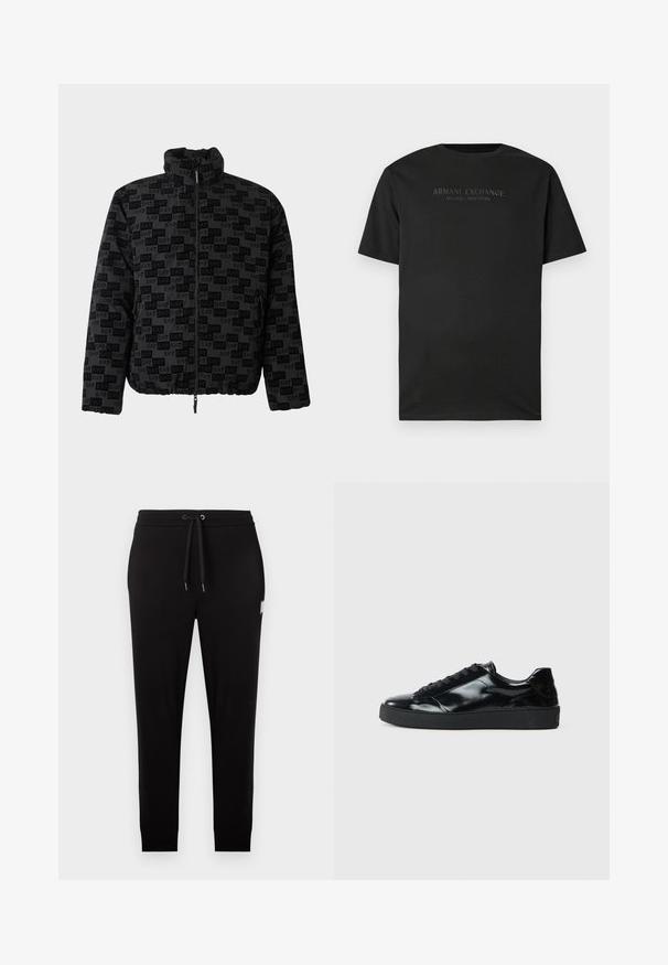 Veste noire zippée avec col montant, ourlet élastique et motif répétitif du logo EA7 sur le tissu.; T-shirt noir à manches courtes avec col rond, portant "ARMANI EXCHANGE MILANO / NEW YORK" imprimé en petites lettres gris foncé sur la poitrine.; Pantalon jogging noir slim avec taille élastique, cordon noir, et une petite étiquette rectangulaire sur la cuisse droite.; Baskets en cuir verni noir avec un bout arrondi, un laçage, une semelle en caoutchouc texturé et une finition lisse.