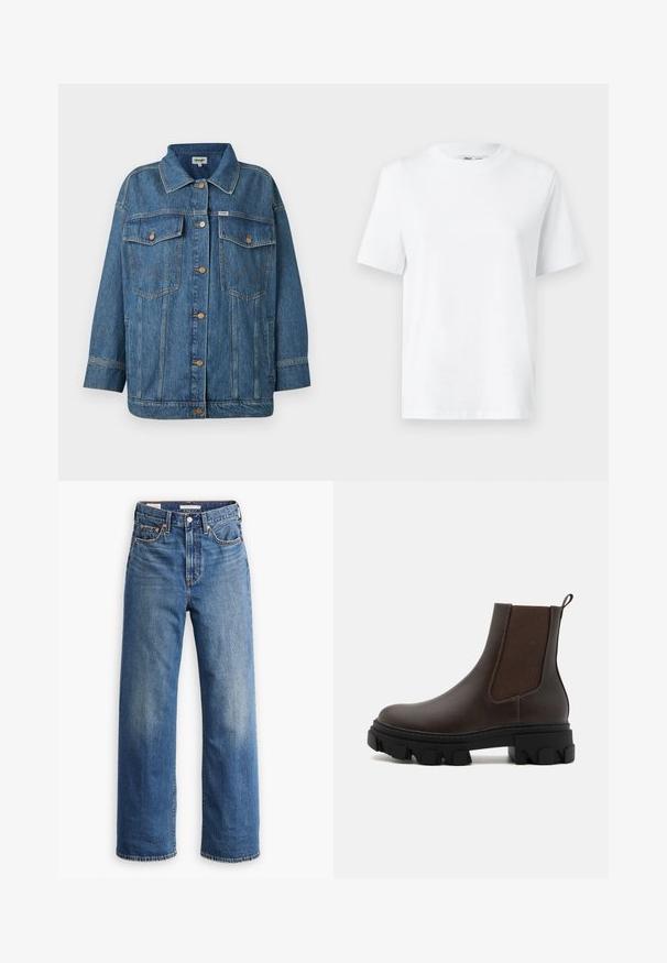 Veste en denim bleu avec fermeture à boutons, deux poches poitrine à rabat, poches latérales et détails de couture contrastés.; T-shirt en coton blanc à col rond, avec des manches courtes et une texture lisse. Conçu avec une coupe décontractée pour plus de confort et de polyvalence.; Jean en denim bleu clair avec une taille haute, une coupe à jambes larges, un style classique à cinq poches et un léger délavage sur le tissu.; Bottines Chelsea en cuir marron avec des panneaux latéraux élastiques, des accents en tissu texturé, une épaisse semelle en caoutchouc noir et une languette à l'arrière.