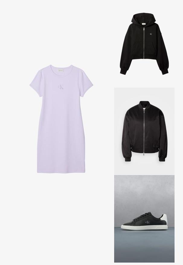 Calvin Klein Jeans Bombertakki - black; Musta cropped-tyylinen vetoketjullinen huppari, jossa etutaskut, rento istuvuus, joustavat hihansuut ja pieni Calvin Klein -logo rinnassa.; Laventelin värinen lyhythihainen rento mekko pyöreällä pääntiellä ja hillityllä Calvin Kleinin logolla rinnan keskellä.; Musta-valkoinen Calvin Kleinin tennari nauhoineen roikkuen puu- ja kivilaattaisen maaperän yläpuolella ulkona.