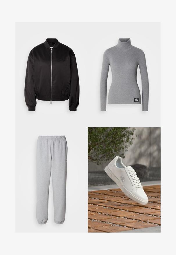 Calvin Klein Jeans Bomberjakke - black; Grå ribbet turtleneck trøje med lange ærmer, tætsiddende design og et sort mærke med hvide initialer i bunden.; Grå sweatpants lavet af blødt, tekstureret stof. Elastisk talje og manchetter, med et lille logo på venstre side.; Hvid lavtop-sneaker med snørebånd og Calvin Klein-logo på siden, svævende over en flisebelagt trægulv udendørs nær grønt område.