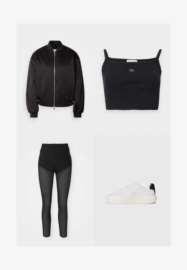Calvin Klein Jeans Bomberjakke - black; Sort ribstrikket cropped top med tynde stropper og et lille Calvin Klein-logoapplikation midt på brystet.; Sorte højtaljede leggings med semi-gennemsigtige meshpaneler på forlårene og underbenene, sømløst design, tætsiddende silhuet.; Hvid sneakers med en glat læderoverdel, rund tå, snørelukning og en kontrasterende sort hælaccentside. Har en tekstureret gummisål.