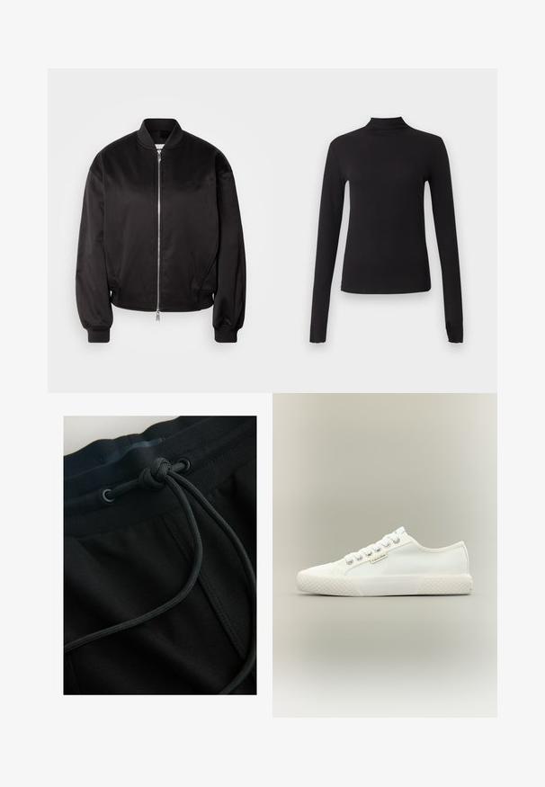 Calvin Klein Jeans Bomberjakke - black; Sort langærmet tætsiddende top med høj hals, vist på ensartet lysegrå baggrund.; Sorte joggerbukser med snøre i taljen og tekstureret stof, med fokus på glatte linjer og et minimalistisk design.; Hvid lavtopet lærreds-sneaker med tekstureret gummisål, hvide snørebånd og lille Calvin Klein-mærke på siden.