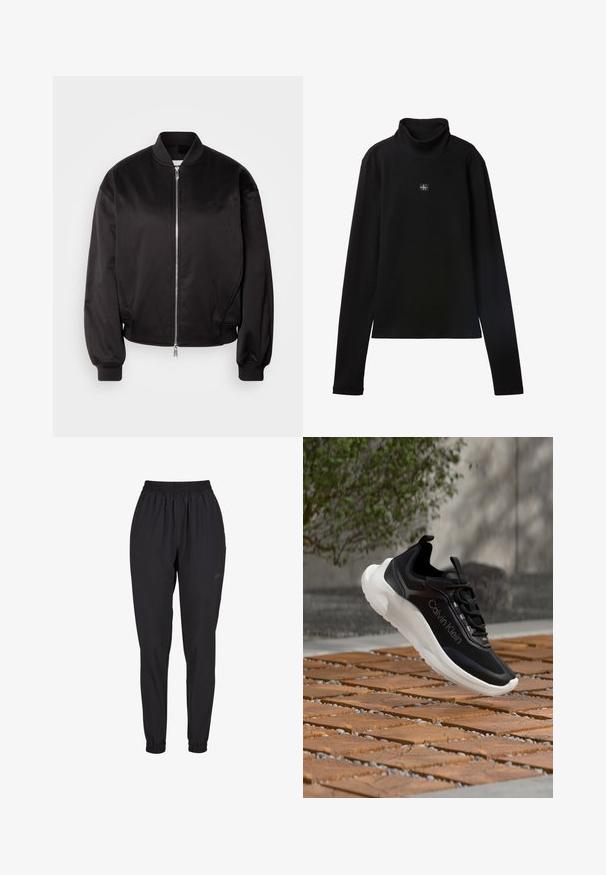 Calvin Klein Jeans Bomberjakke - black; Sort ribstrikket bluse med lange ærmer og lille firkantet Calvin Klein-logo placeret centralt på brystet.; Sorte elastiske bukser med samlet manchet, lige ben-design, lavet af letvægtsmateriale, med et diskret logo på siden.; Sort Calvin Klein-sneaker med hvid sål flydende over en træ- og stenfliset overflade udendørs nær buske og en stenmur.