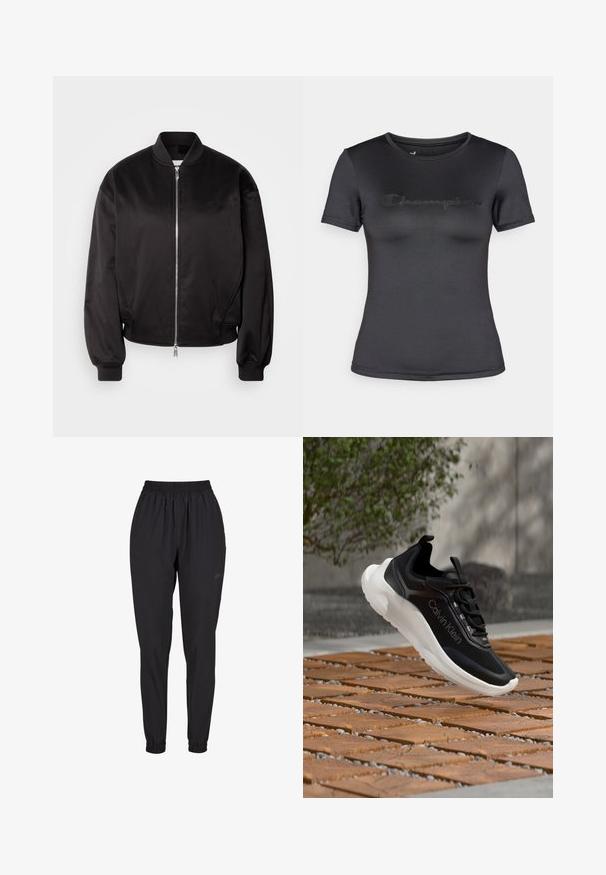 Calvin Klein Jeans Bomberjakke - black; Sort T-shirt med korte ærmer lavet af glat stof, med et diskret præget "Champion"-logo over brystet og rund halsudskæring.; Sorte elastiske bukser med samlet manchet, lige ben-design, lavet af letvægtsmateriale, med et diskret logo på siden.; Sort Calvin Klein-sneaker med hvid sål flydende over en træ- og stenfliset overflade udendørs nær buske og en stenmur.