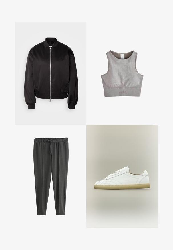 Calvin Klein Jeans Bomberjakke - black; Grå ribbet sportsbh med rund halsudskæring, tykke skulderstropper og subtilt logo-detalje forneden. Blødt, sømløst stof.; Mørkegrå, lette joggebukser lavet af blødt stof. Har en elastisk linning med snor og tilspidsede ben. Glat tekstur.; Hvid lavtop lædersneaker med beige sål, snøredesign og subtile syede mønstre på neutral baggrund.