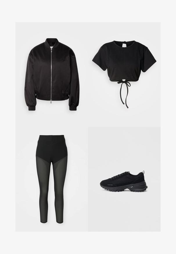 Calvin Klein Jeans Bomberjakke - black; Sort cropped t-shirt lavet af blødt stof, med korte ærmer, rund halsudskæring og en bindedetalje bagpå til justering.; Sorte højtaljede leggings med semi-gennemsigtige meshpaneler på forlårene og underbenene, sømløst design, tætsiddende silhuet.; Sorte atletiske sko med mesh-overdel, suedette detaljer, snørelukning og en tekstureret chunky sål for trækkraft. "Calvin Klein" logoet er synligt.