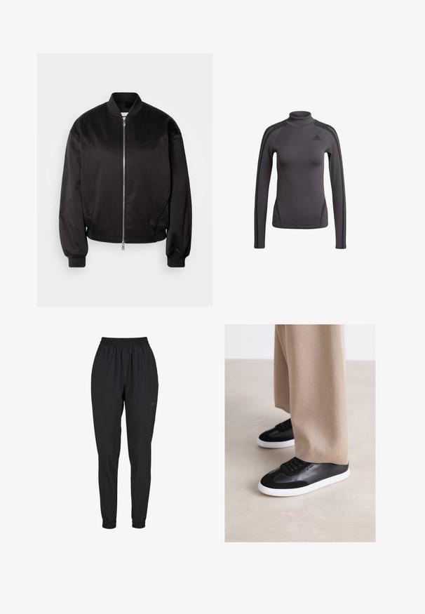 Calvin Klein Jeans Bomberjakke - black; Grå langærmet top med høj krave, der har tekstureret stof og sorte accentstriber på skuldrene, med et Adidas-logo på brystet.; Sorte elastiske bukser med samlet manchet, lige ben-design, lavet af letvægtsmateriale, med et diskret logo på siden.; Sorte lædersneakers med ruskindselementer, udstyret med en hvid gummisål og sorte snørebånd. Kombineret med beige vide bukser.