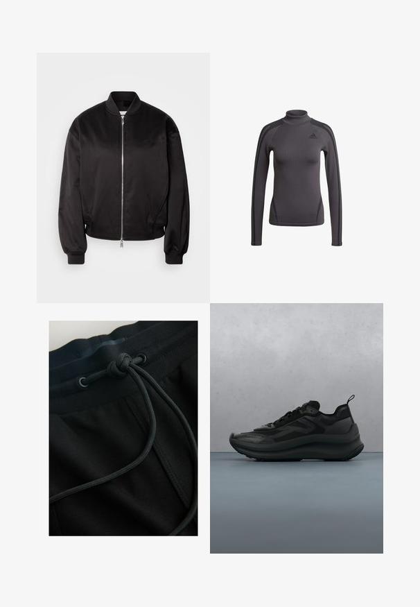 Calvin Klein Jeans Bomberjakke - black; Grå langærmet top med høj krave, der har tekstureret stof og sorte accentstriber på skuldrene, med et Adidas-logo på brystet.; Sorte joggerbukser med snøre i taljen og tekstureret stof, med fokus på glatte linjer og et minimalistisk design.; Sort Calvin Klein-sneaker med chunky sål, der svæver over træfliser udendørs med grønne blade og grå væg i baggrunden.