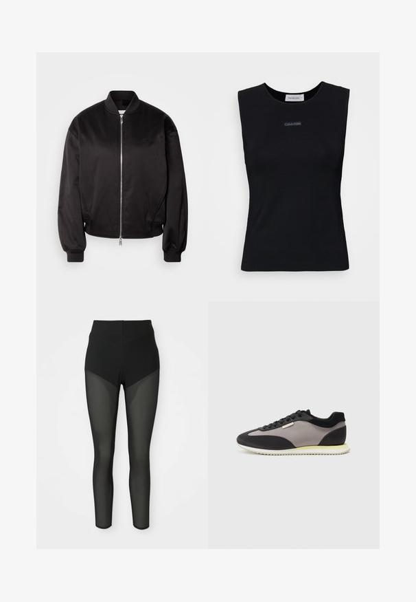 Calvin Klein Jeans Bomberjakke - black; Sort ærmeløs top lavet af glat stof. Har en rund halsudskæring og et lille Calvin Klein-logo i midten. Simpelt og tætsiddende design.; Sorte højtaljede leggings med semi-gennemsigtige meshpaneler på forlårene og underbenene, sømløst design, tætsiddende silhuet.; Sort og grå sneaker med en glat overdel, teksturerede detaljer, runde snørebånd og en lys gul sål. Har logo detail på siden.