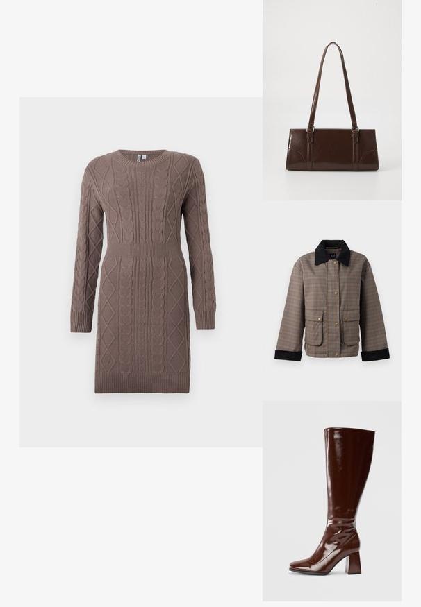 Karierte Jacke in braunen und schwarzen Farbtönen, mit Kragen und vier Fronttaschen mit goldenen Knöpfen, aus strukturiertem Stoff.; Strickkleid in einem gedämpften Braunton, mit rundem Halsausschnitt, langen Ärmeln, gerippten Bündchen und einer taillierten Passform.; Knöchelhohe braune Lacklederstiefel mit quadratischer Spitze, glänzender Oberfläche und stabilen Blockabsätzen. Nahtloses Design ohne sichtbare Beschläge.; Braune Lackleder-Handtasche in rechteckiger Form, mit zwei langen Griffen und subtilen, geschwungenen Akzenten auf der Vorderseite.
