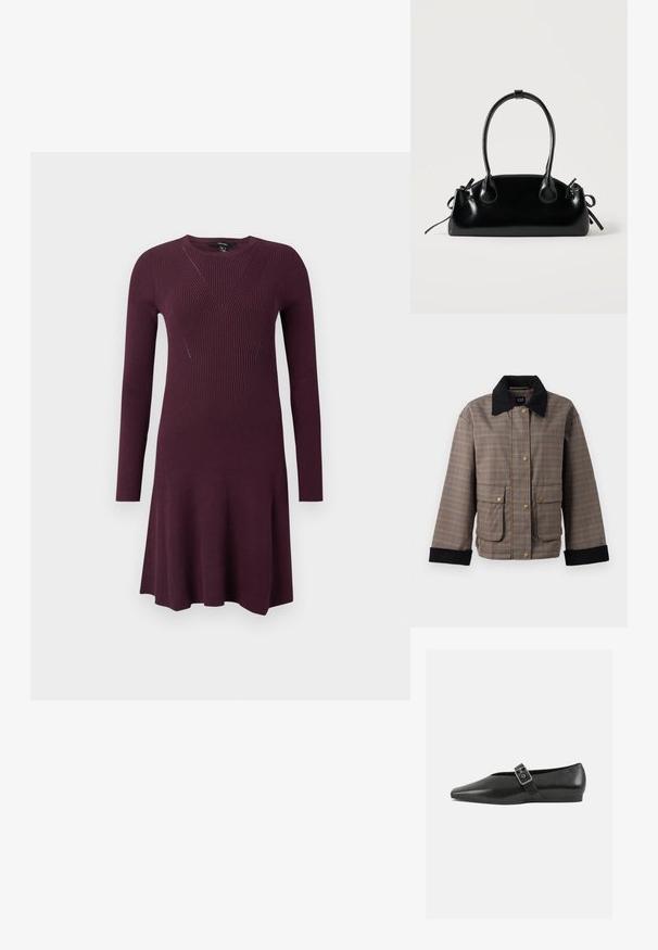 Karierte Jacke in braunen und schwarzen Farbtönen, mit Kragen und vier Fronttaschen mit goldenen Knöpfen, aus strukturiertem Stoff.; Strickkleid in tiefem Lila, mit langen Ärmeln, einem enganliegenden Oberteil mit diagonalen Rippenmustern und einem auslaufenden Rock.; Schwarze Lederflachschuhe mit spitzem Zehenbereich, ausgestattet mit einem metallischen Riemen über dem Spann und einer niedrigen, flexiblen Sohle.; Kleine schwarze glänzende Handtasche mit zwei langen Griffen und seitlichen Kordelzug-Details vor einfachem hellem Hintergrund.