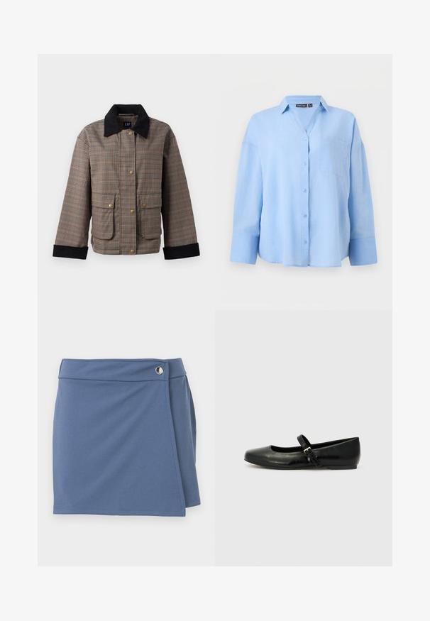 Karierte Jacke in braunen und schwarzen Farbtönen, mit Kragen und vier Fronttaschen mit goldenen Knöpfen, aus strukturiertem Stoff.; Hellblaues Langarm-Hemd mit Knopfleiste, Kragen und Brusttasche, dargestellt vor einem schlichten hellen Hintergrund.; Blauer Wickelrock mit hohem Bund und silbernem Knopfverschluss auf der rechten Seite, präsentiert vor weißem Hintergrund.; Schwarze Leder-Ballerinas mit einer runden Spitze, einer flachen Sohle und einem dünnen, verstellbaren Riemen über dem Spann mit einer Metallschnalle.