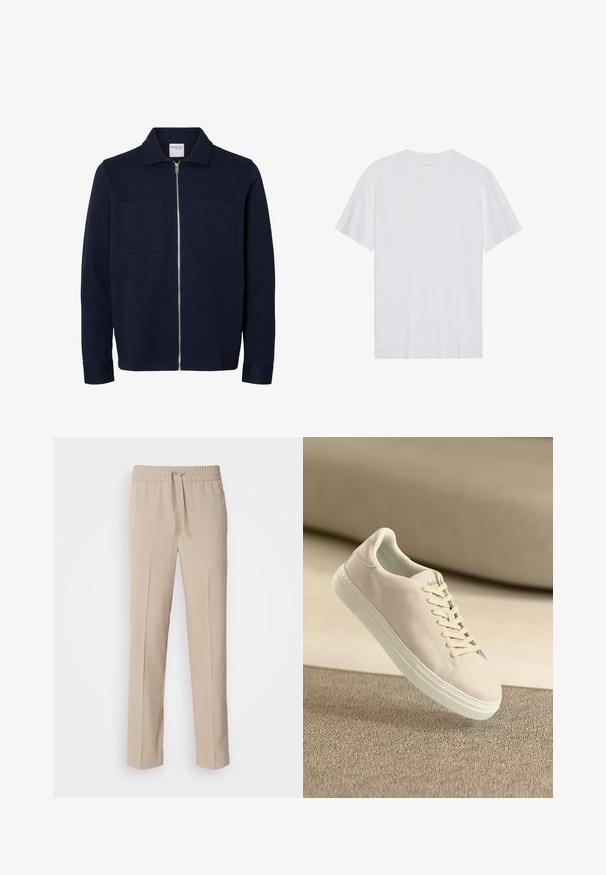Marineblå jakke med lange ærmer, krave, lynlås foran og to brystlommer.; Hvid bomulds T-shirt med korte ærmer, rund hals og en glat tekstur. Har minimal branding på halsudskæringen.; Beige, afslappede bukser lavet af blødt materiale, med elastisk talje og snøre samt lige ben med minimale detaljer.; Beige ruskinds sneakers med hvid sål og snørebånd, vist svævende over tekstureret beige tæppe mod en blød beige baggrund.