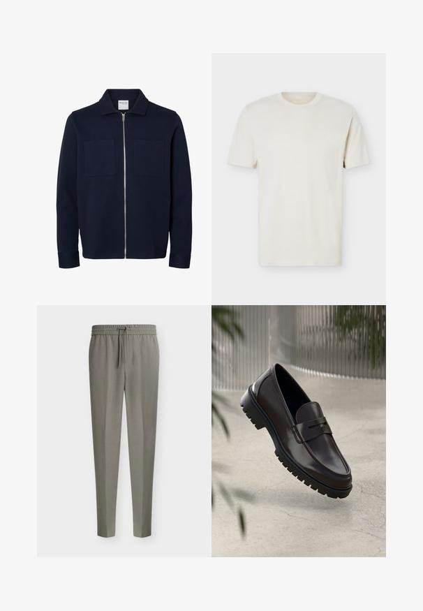 Marineblå jakke med lange ærmer, krave, lynlås foran og to brystlommer.; Simpel, off-white T-shirt med korte ærmer og rund hals, med diskret logo på venstre bryst, vist mod en hvid flad baggrund.; Herrers lysegrå skræddersyede bukser med tilspidsede ben og en elastisk talje med snørre foran.; Brune læder loafers med en tekstureret, rippet gummisål. Har et slankt design og et dekorativt bånd over vristen.