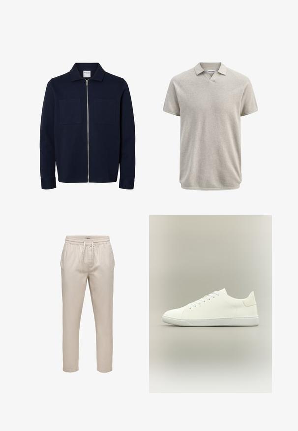 Marineblaue langärmelige Jacke mit Kragen, Frontreißverschluss und zwei Brusttaschen.; Beiges Poloshirt aus strukturierter Baumwolle mit kurzen Ärmeln, Kragen und leichtem V-Ausschnitt, mit dem Etikett Jack & Jones.; Beige Freizeithose mit elastischem Bund und Kordelzug, mit Fronttaschen und einem entspannten geraden Schnitt.; Weißer Sneaker mit niedrigem Schnitt, Schnürsenkeln, Obermaterial aus glattem Leder und flacher Gummisohle vor neutralem Hintergrund.